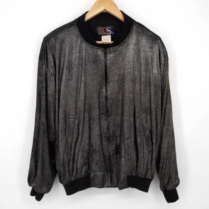 Vintage Metallic Animal Print Dots Windbreaker Bomber Jacket 80s Black Silver L